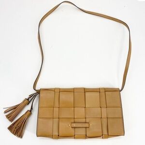 Michael Kors Woven Leather Clutch with Tassels and Strap Tan